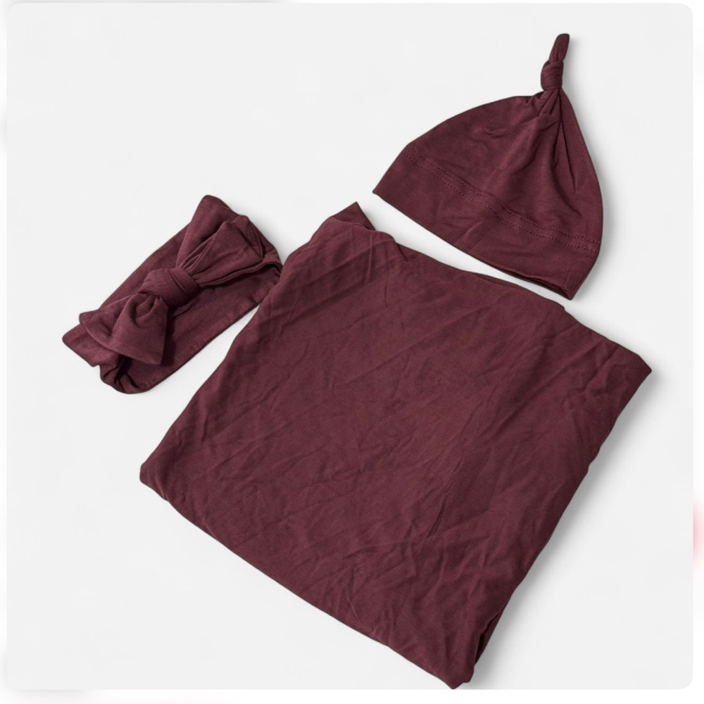 Burgundy Baby Swaddle, Hat and Headband Set in Plum
